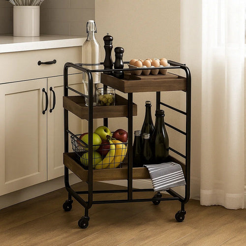 Metal Frame Serving Cart with 3 Open Storage and Casters, Brown and Black
