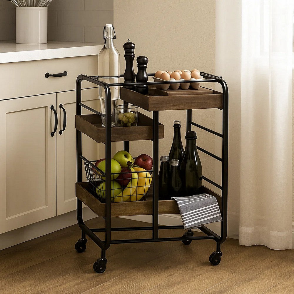 Metal Frame Serving Cart with 3 Open Storage and Casters, Brown and Black