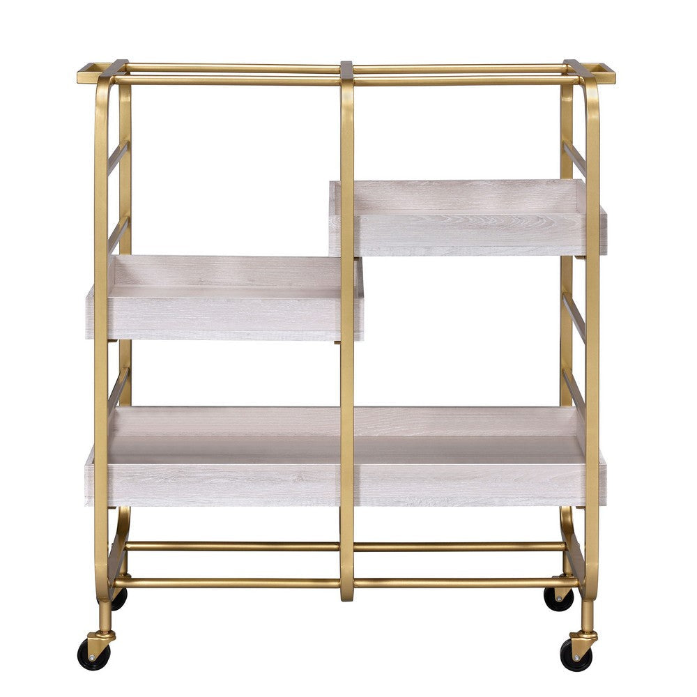 Metal Frame Serving Cart with Adjustable Compartments,Gold and Washed White BM211119