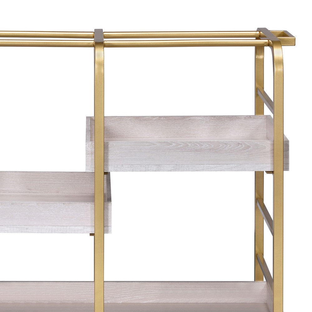 Metal Frame Serving Cart with Adjustable Compartments,Gold and Washed White BM211119