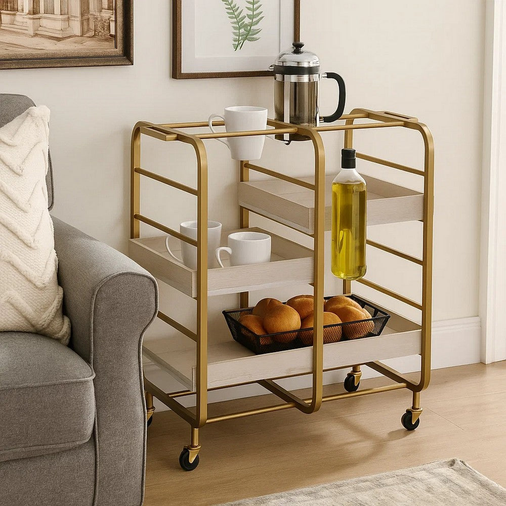 Metal Frame Serving Cart with Adjustable Compartments,Gold and Washed White