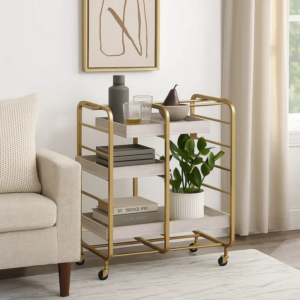 Metal Frame Serving Cart with Adjustable Compartments,Gold and Washed White