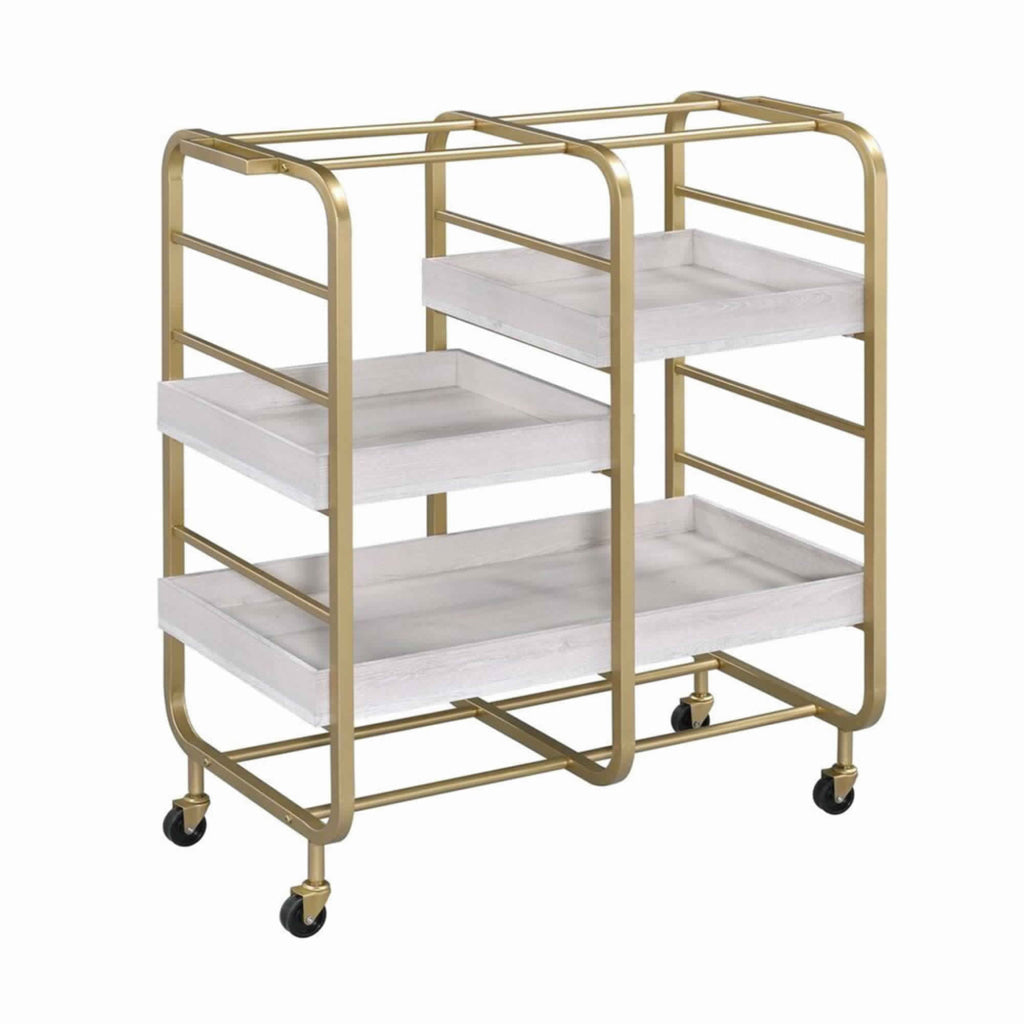 Metal Frame Serving Cart with Adjustable Compartments,Gold and Washed White