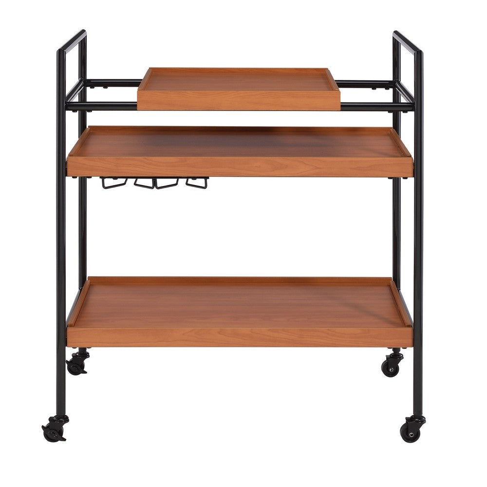 Metal Frame Serving Cart with Adjustable Compartments Oak Brown and Black BM211124