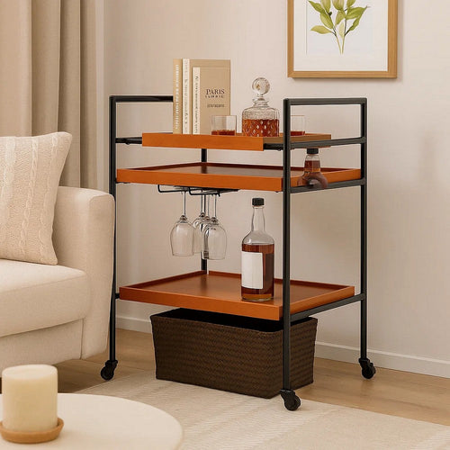 Metal Frame Serving Cart with Adjustable Compartments, Oak Brown and Black