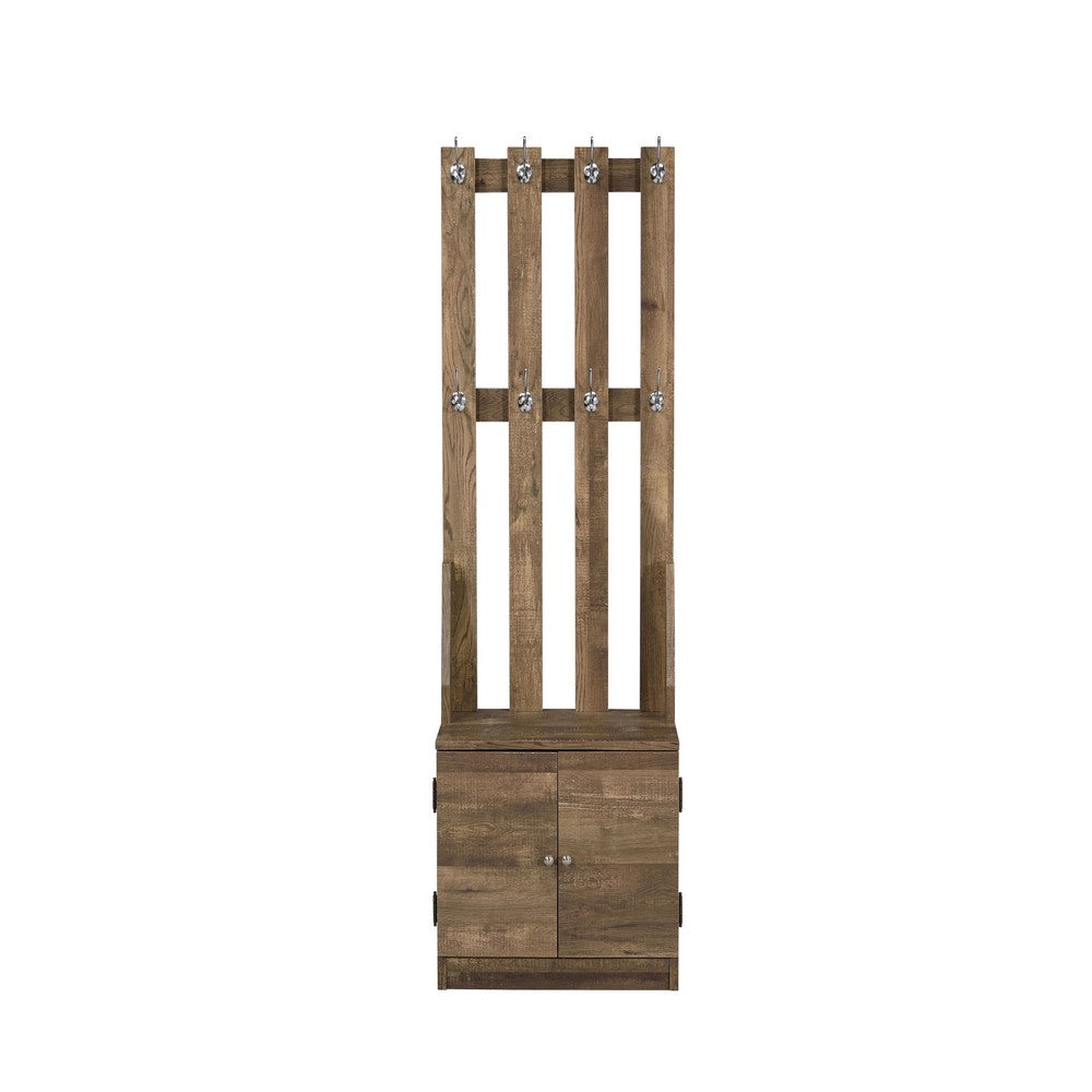 62" 8-Hook Slatback Hall Tree with Cabinet, Weathered Brown By Casagear Home