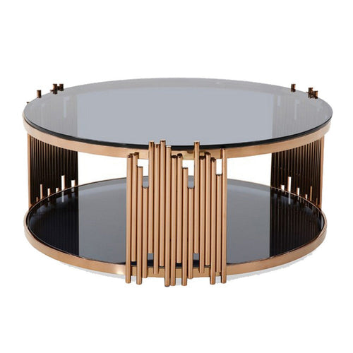 Coffee Table | Smoked Glass Top | Metal Pipe Frame | Rose Gold