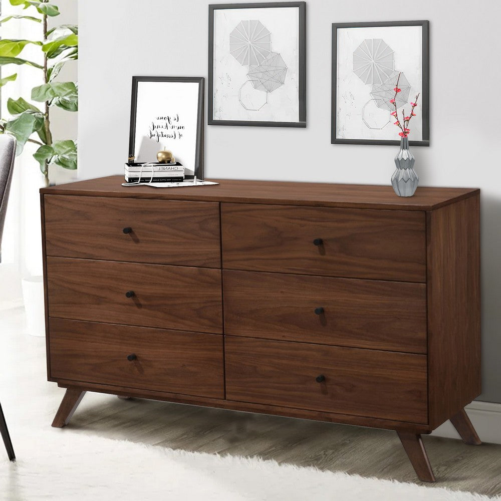 6 Drawer Wooden Dresser with Knob Handles and Tapered Legs Brown By Casagear Home BM211196