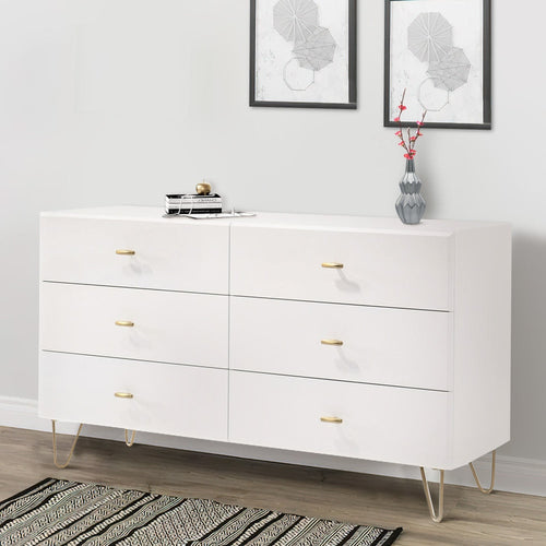 Dresser | 6 Drawer | Wood | Metal Hairpin Legs | White & Gold