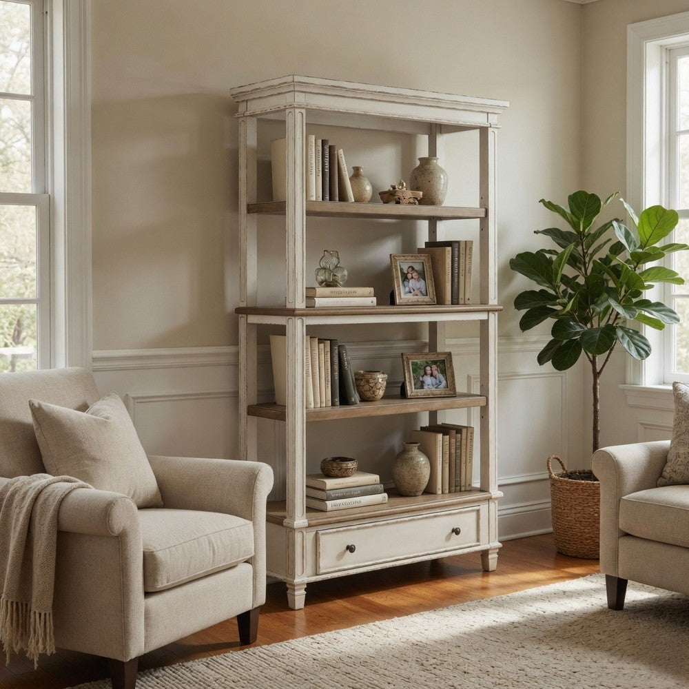 Ashley Wooden Bookcase with 4 Tier Shelves and Bottom Drawer, Brown and White