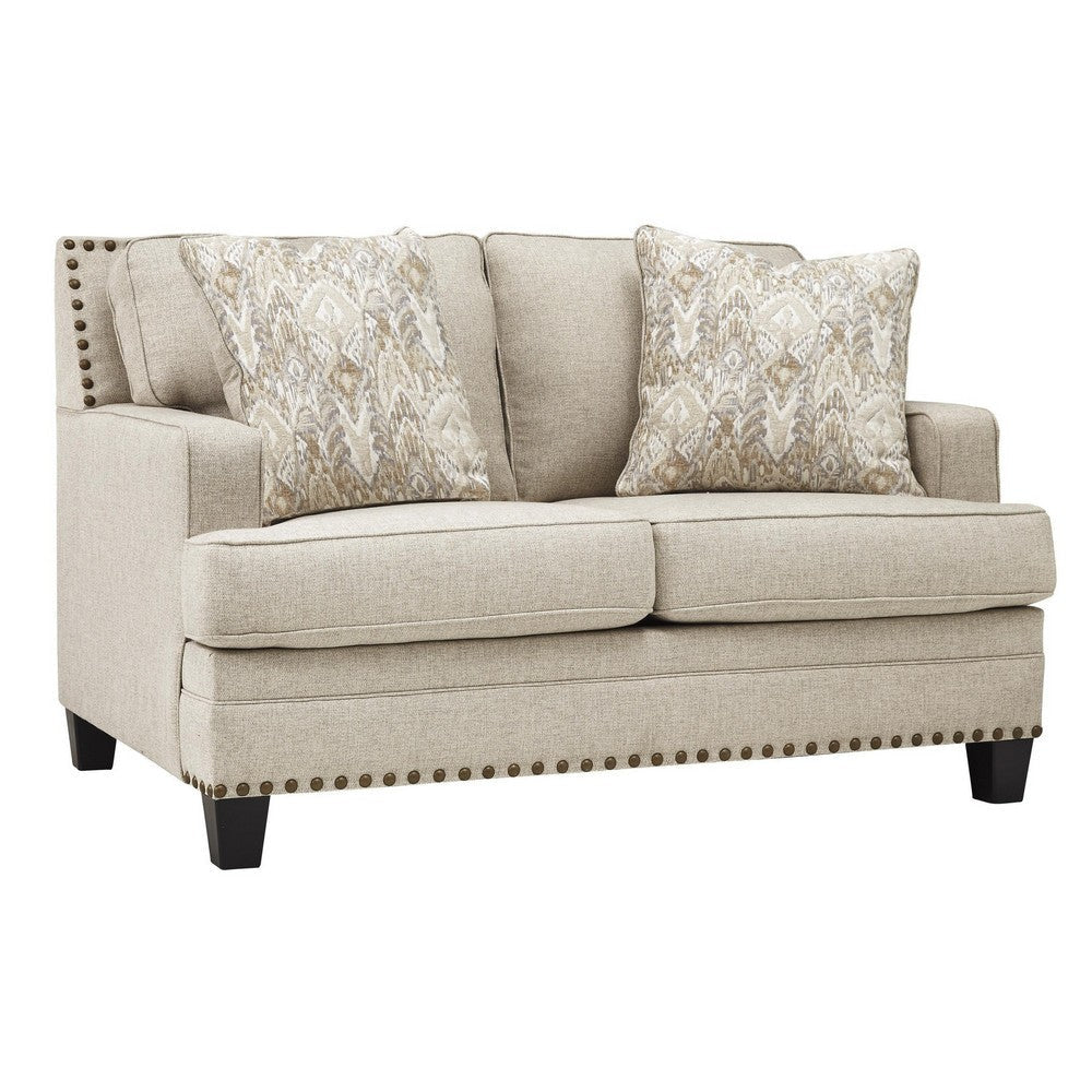 Nailhead Trim Fabric Upholstered Loveseat with Track Arms, Beige By Casagear Home