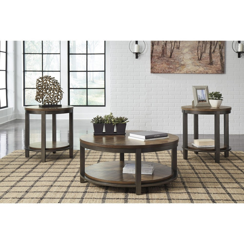 Table Set | Round | Metal Frame | Wood Top | Brown