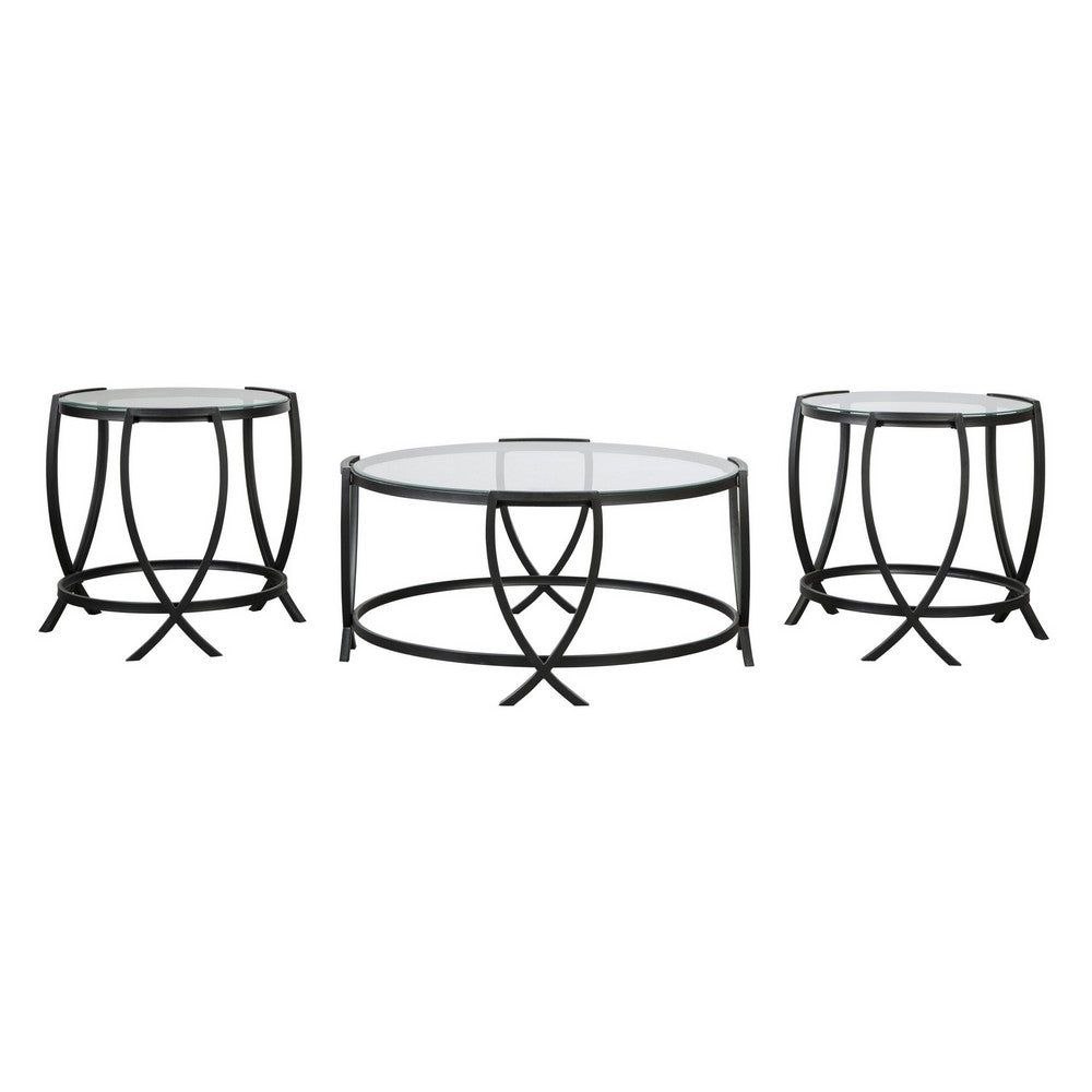 Table Set | Contemporary | Round Glass Top | Metal Base | Black