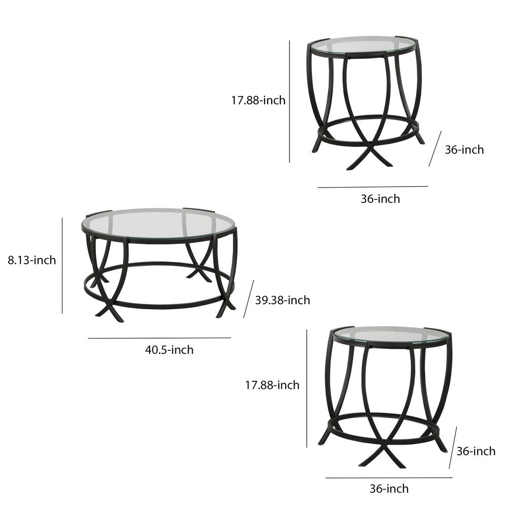 Table Set | Contemporary | Round Glass Top | Metal Base | Black