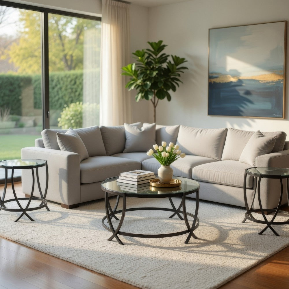 Table Set | Contemporary | Round Glass Top | Metal Base | Black