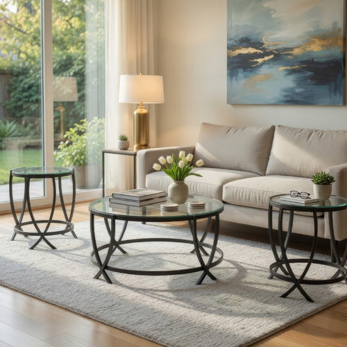 Table Set | Contemporary | Round Glass Top | Metal Base | Black