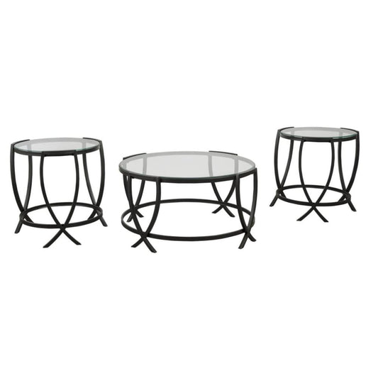 3 Piece Round Glass Top Table Set with Geometric Body, Black By Casagear Home