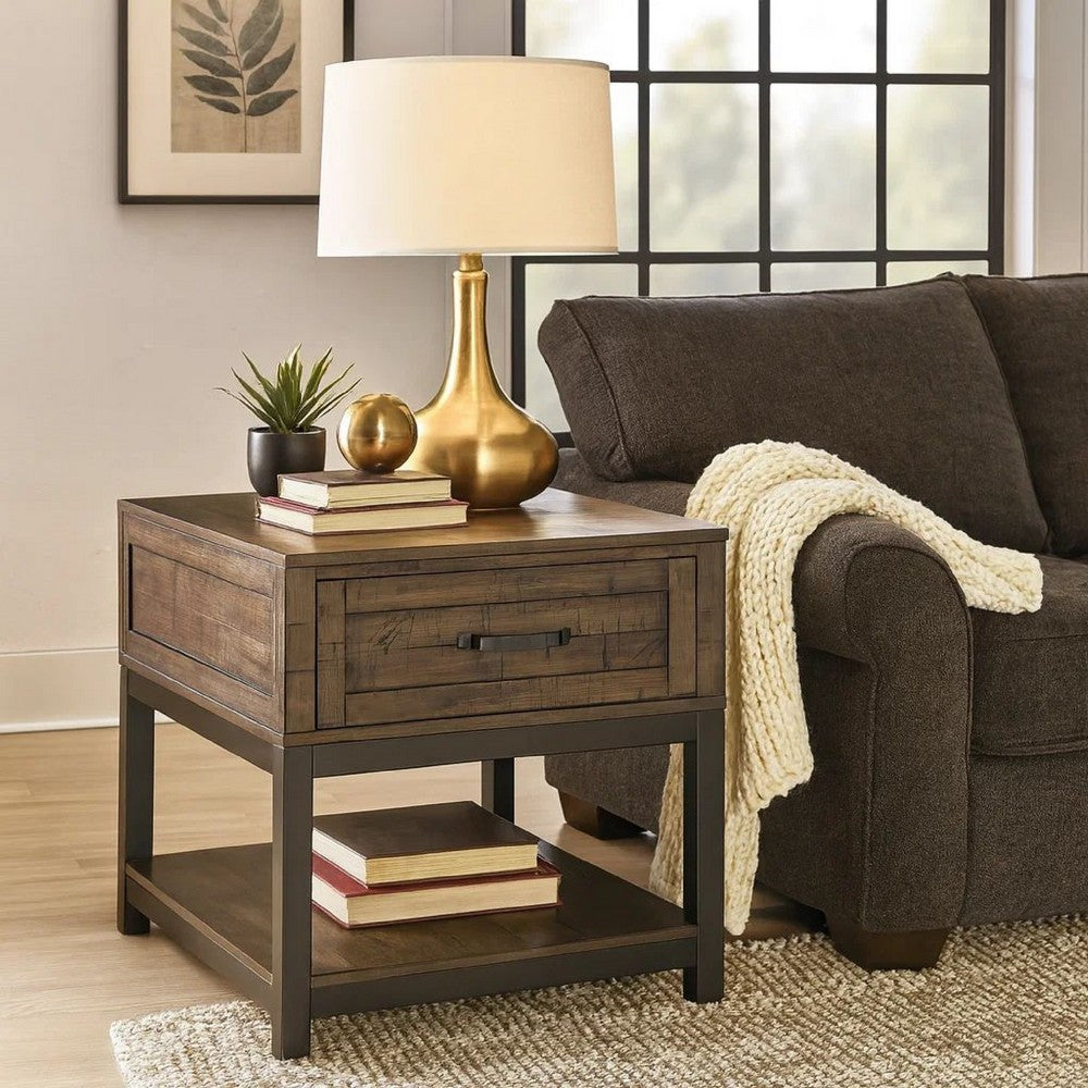 End Table | 2 Tone | 1 Drawer | Metal Base | Brown & Black