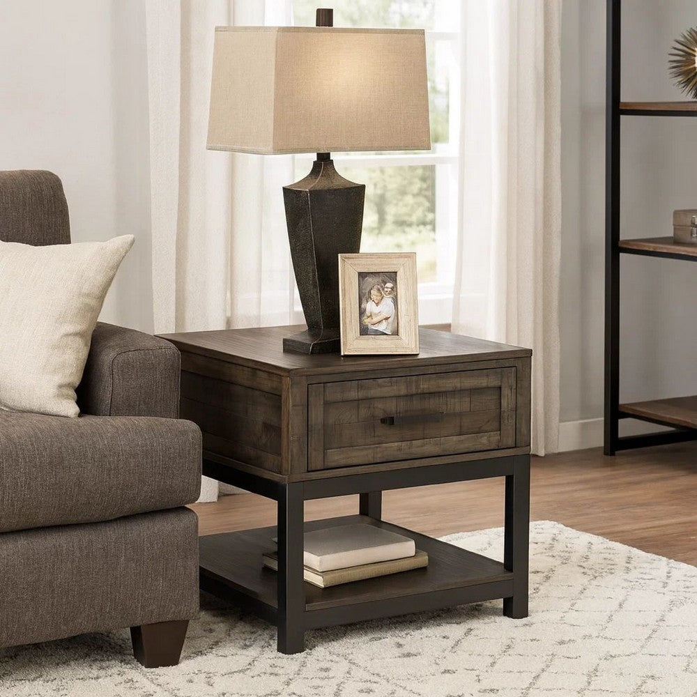 End Table | 2 Tone | 1 Drawer | Metal Base | Brown & Black
