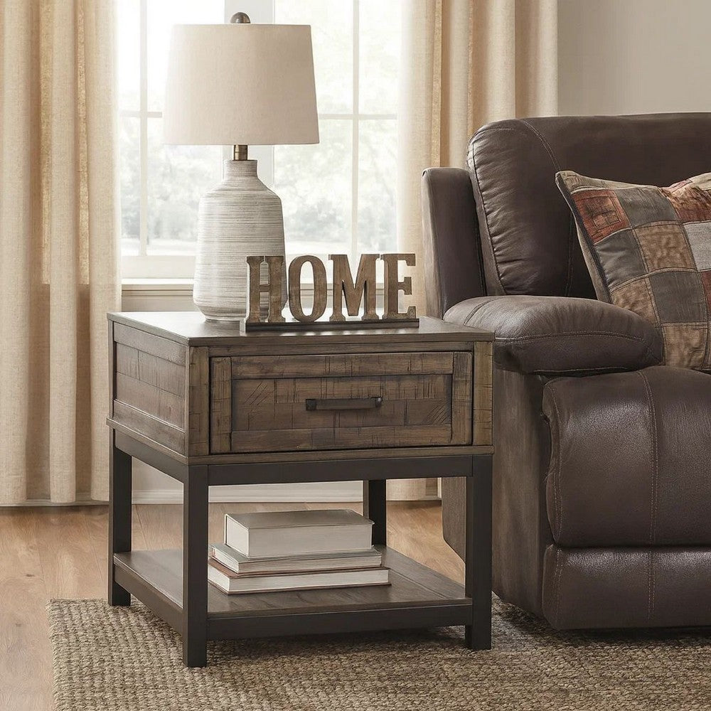 End Table | 2 Tone | 1 Drawer | Metal Base | Brown & Black