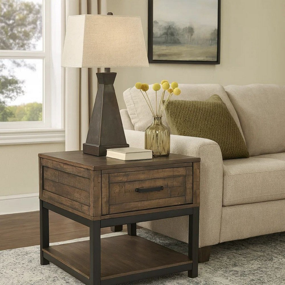 End Table | 2 Tone | 1 Drawer | Metal Base | Brown & Black
