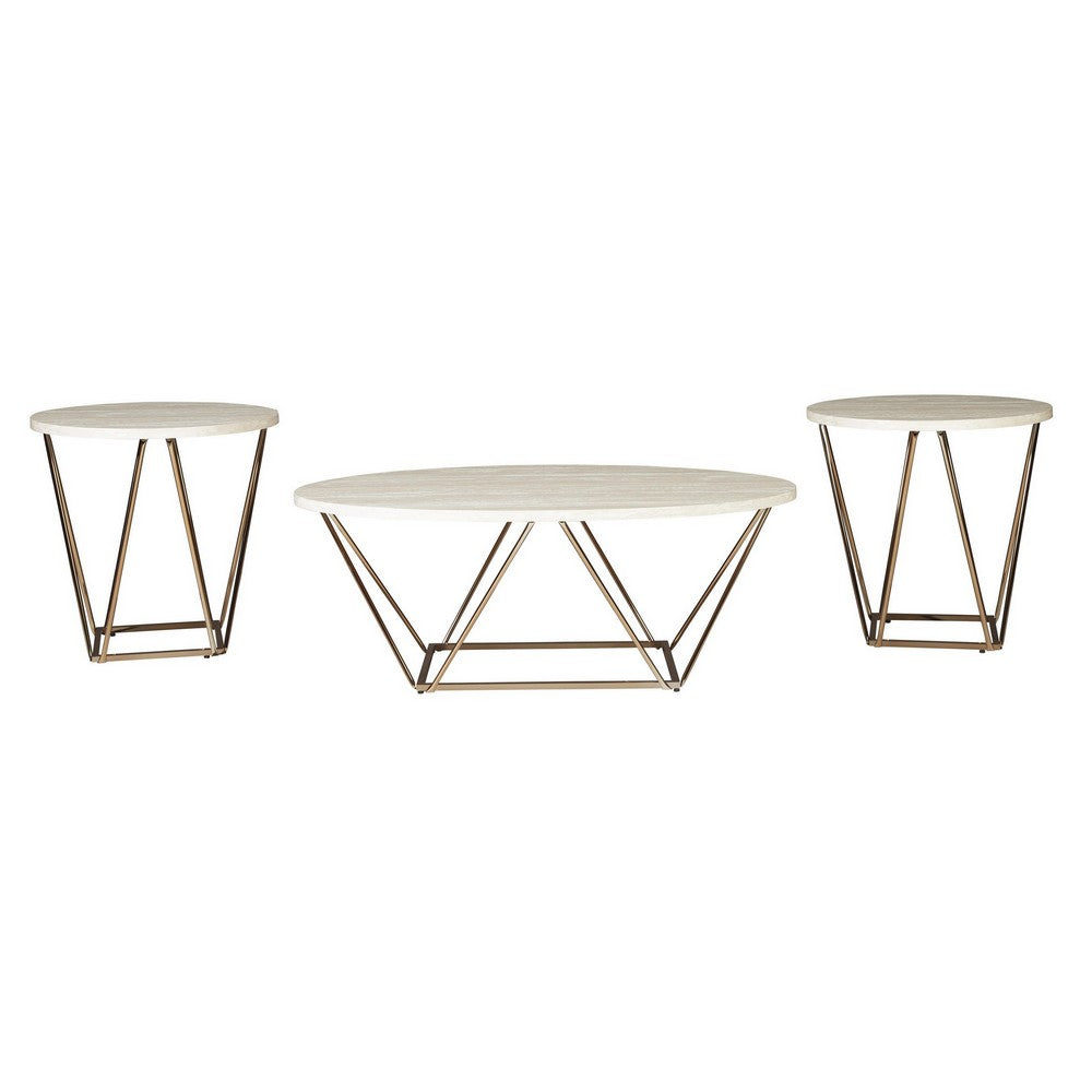 Table Set | Faux Marble | Coffee & 2 End Tables | White & Gold BM213306