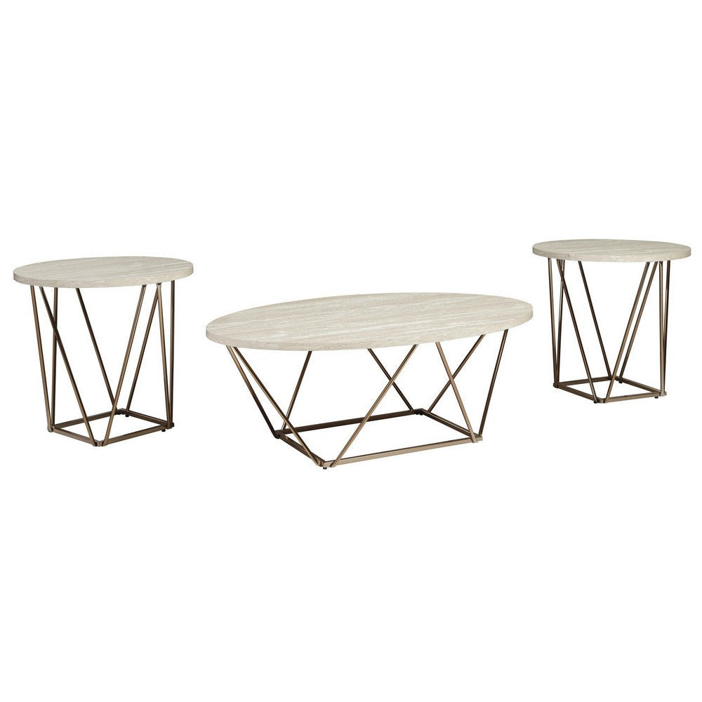 Table Set | Faux Marble | Coffee & 2 End Tables | White & Gold BM213306