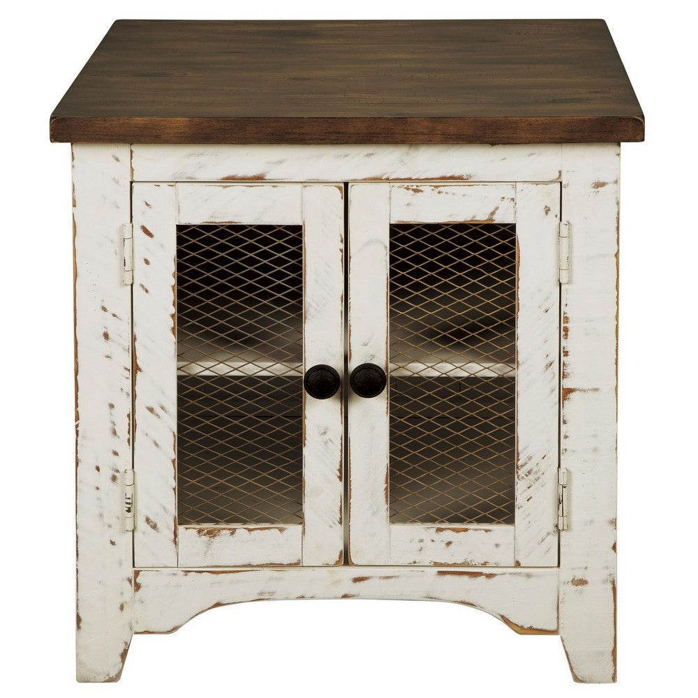 Ashley Two Tone Wooden End Table with Metal Grill Cabinet Brown and White BM213349