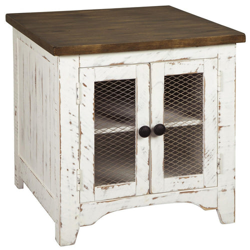 Ashley Two Tone Wooden End Table with Metal Grill Cabinet, Brown and White