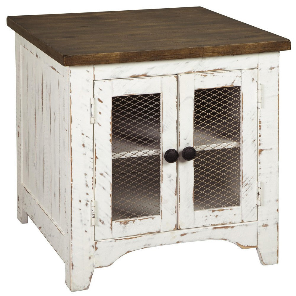 Ashley Two Tone Wooden End Table with Metal Grill Cabinet, Brown and White
