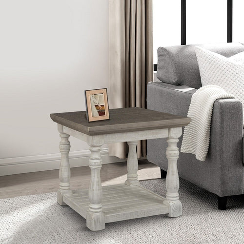 End Table | Plank Style | Turned Legs | Open Shelf | White & Gray
