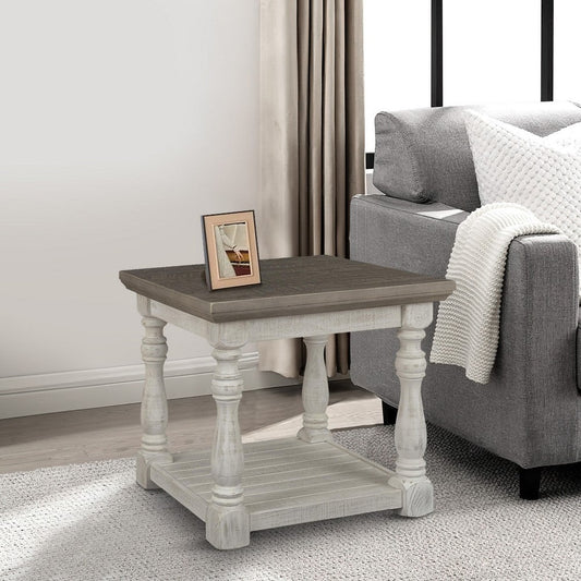 4 Post Plank Top End Table, White and Gray By Casagear Home