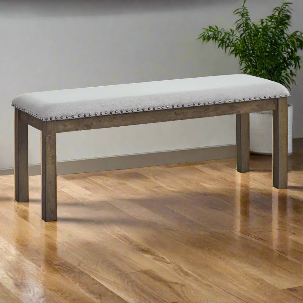 Dining Bench | Nailhead Trim | Fabric Upholstered | Brown & Gray