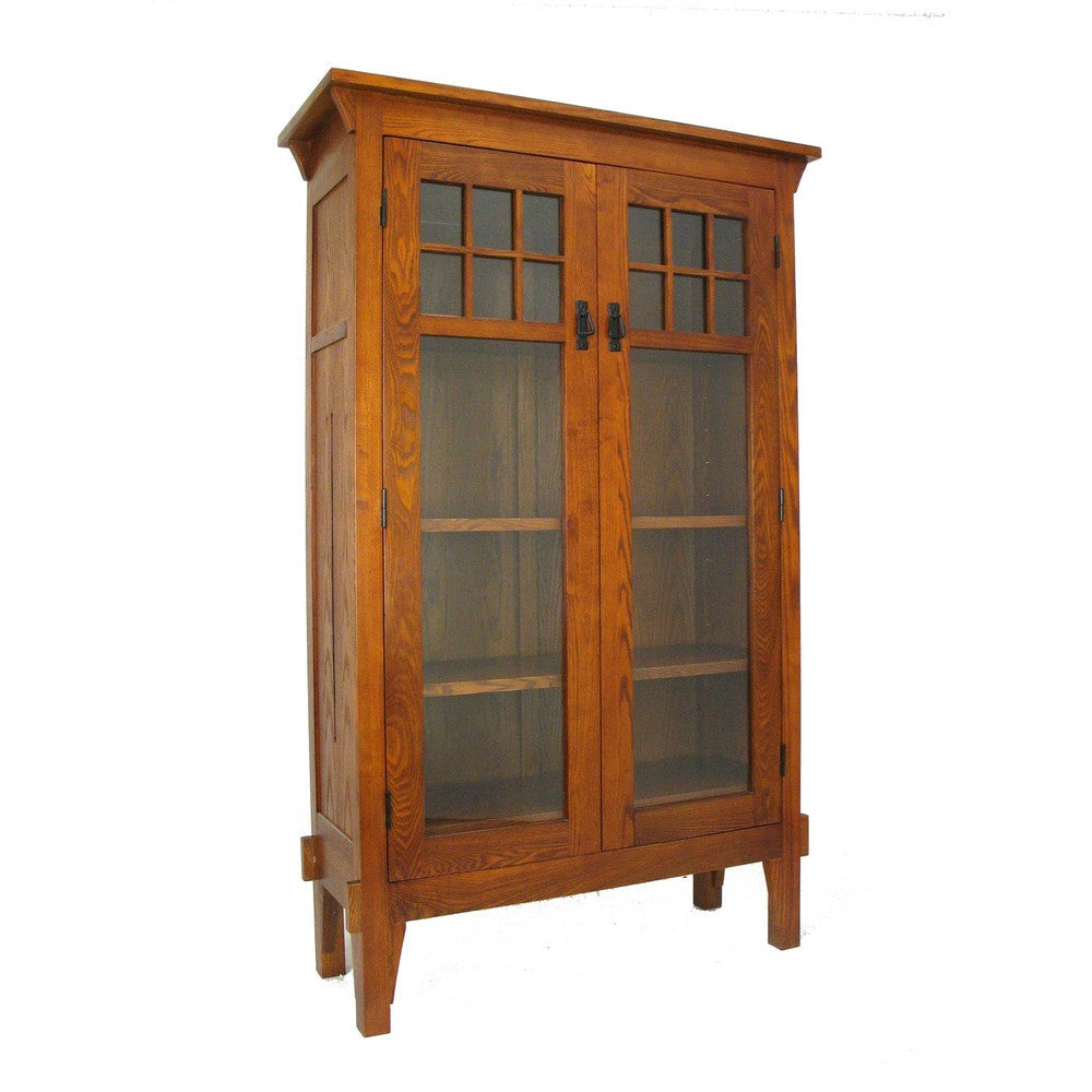 2 Door Bookcase with 3 Removable Shelves and Windowpane Design, Oak Brown By Casagear Home