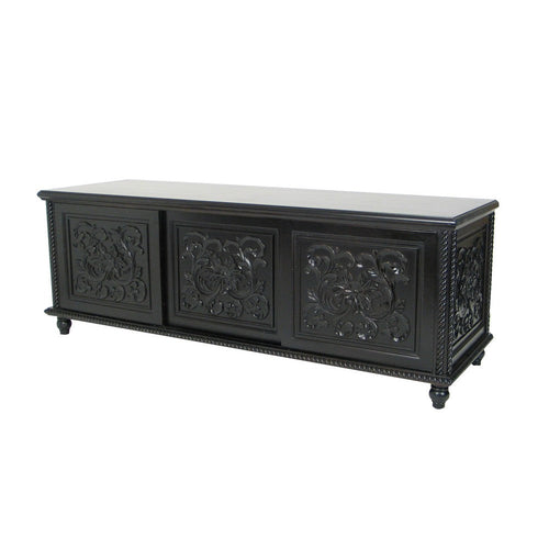 TV Console | Hand Carved | Floral Motifs | 3 Sliding Doors | Black