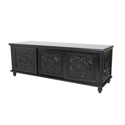TV Console | Hand Carved | Floral Motifs | 3 Sliding Doors | Black