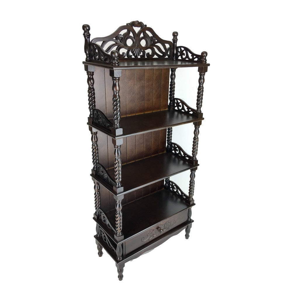 59" 1-Drawer 3 Shelf Carved Wooden Bookcase, Brown By Casagear Home