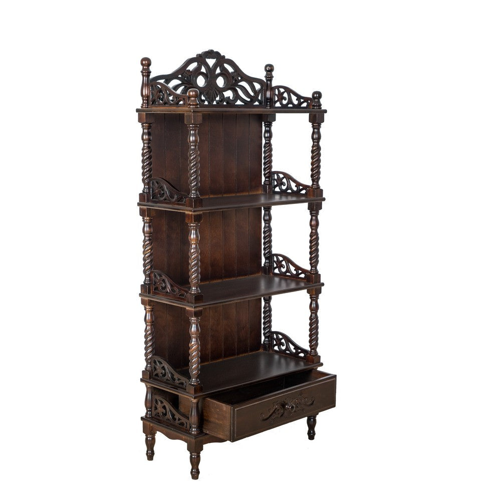 59’ 1-Drawer 3 Shelf Carved Wooden Bookcase Brown By Casagear Home BM213452