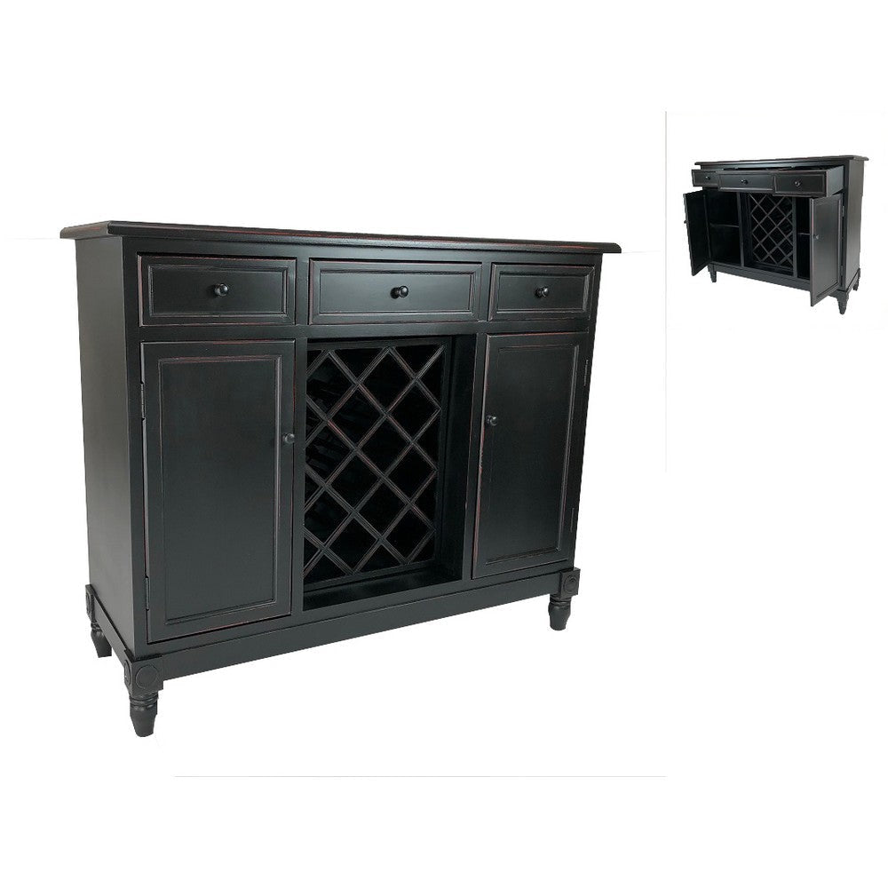 Transitional Wooden Sideboard with Built In Wine Rack, Black By Casagear Home