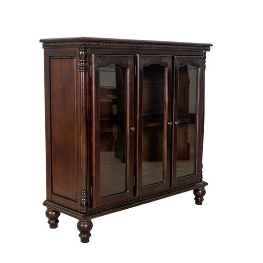 Traditional Wood and Glass Accent Cabinet with Carved Details, Brown By Casagear Home