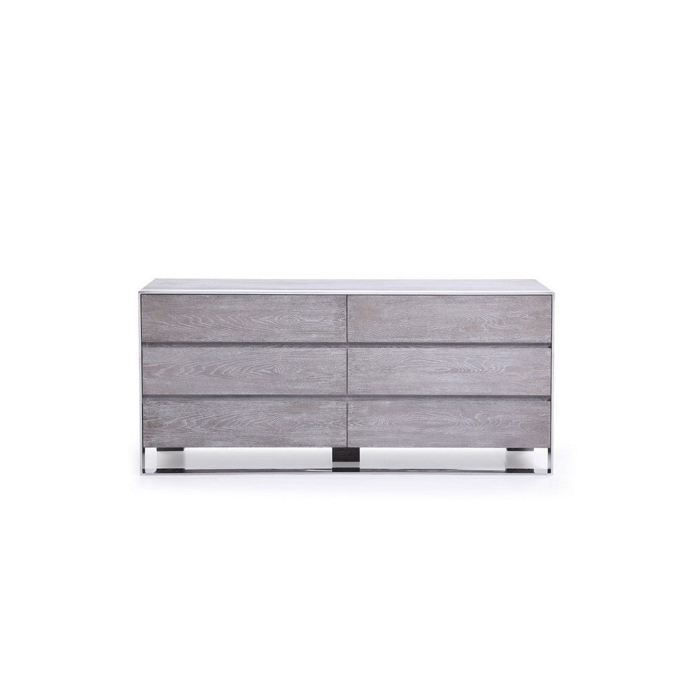 6 Drawer Dresser with Front Metal Sled Base and Block Legs Gray BM213895