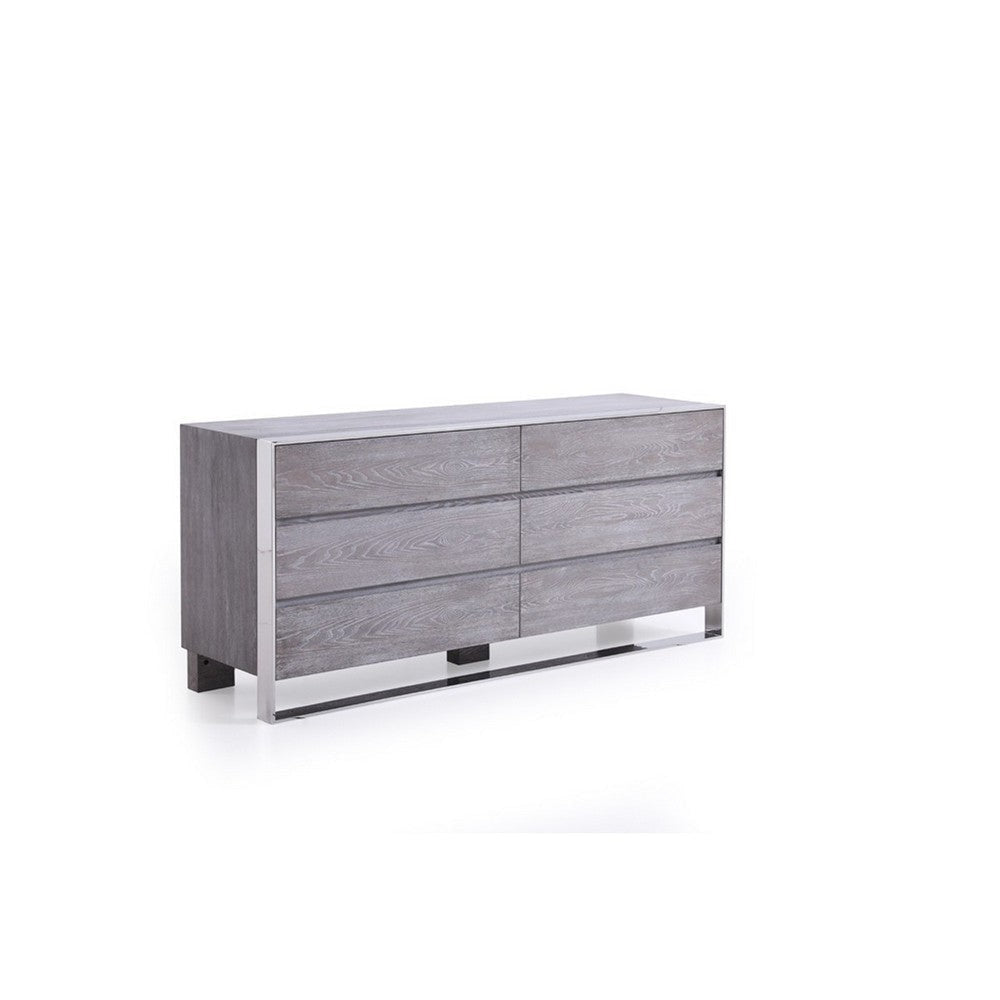 6 Drawer Dresser with Front Metal Sled Base and Block Legs, Gray