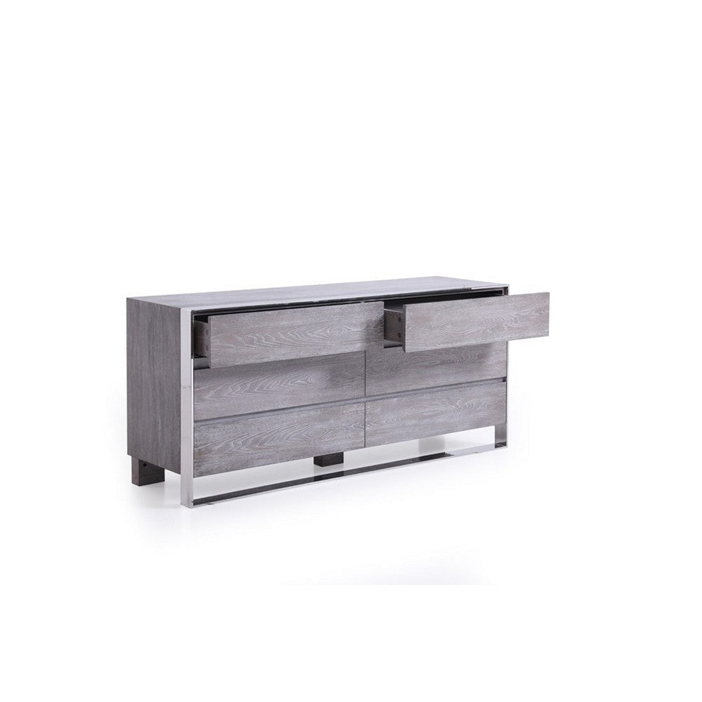 6 Drawer Dresser with Front Metal Sled Base and Block Legs Gray BM213895