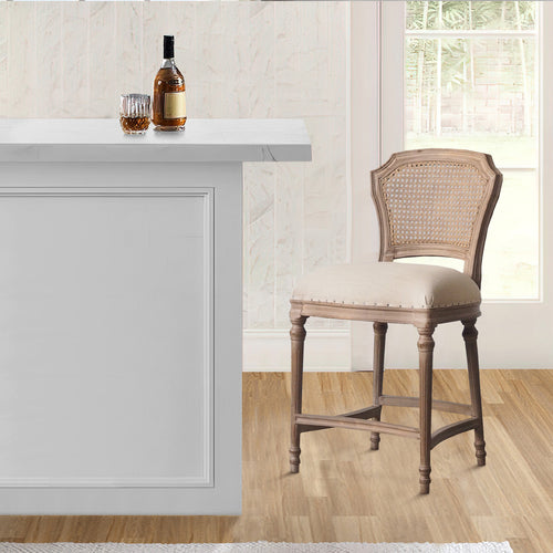 Barstool | Fabric Upholstered | Nailhead Trim | Perforated Back | Beige