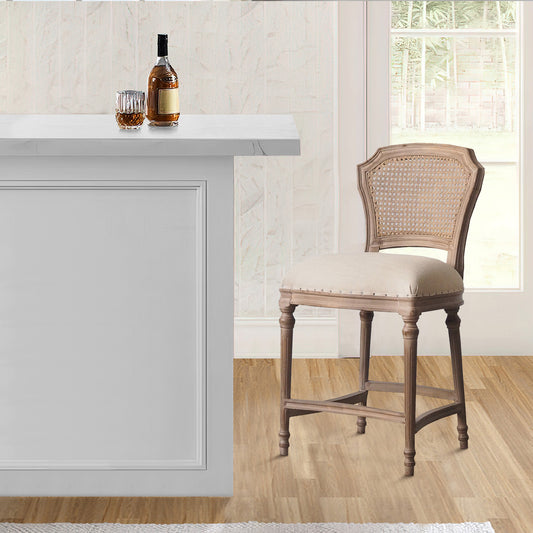 Barstool | Fabric Upholstered | Nailhead Trim | Perforated Back | Beige