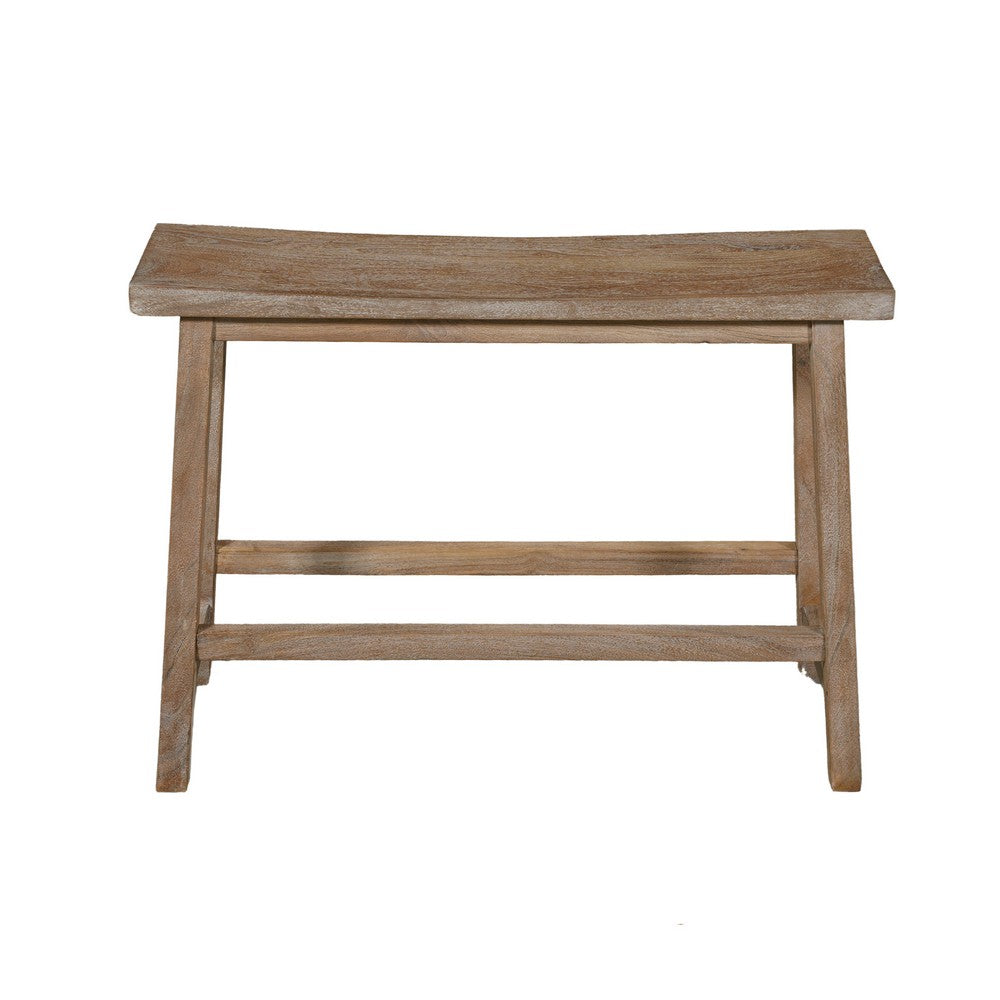 33 Inch Saddle Seat Bench with Angled Frame, Sandblasted Antique Brown Acacia Wood By The Urban Port
