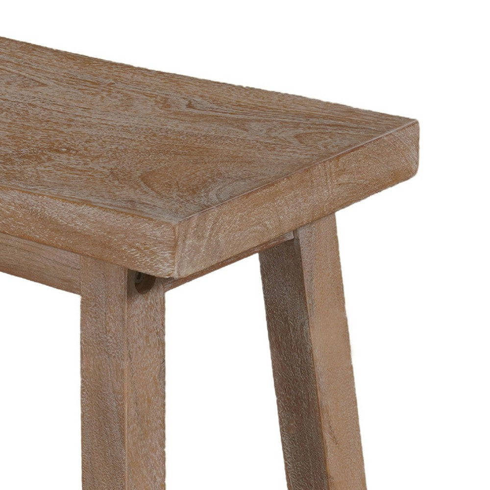 33 Inch Saddle Seat Bench with Angled Frame, Sandblasted Antique Brown Acacia Wood By The Urban Port