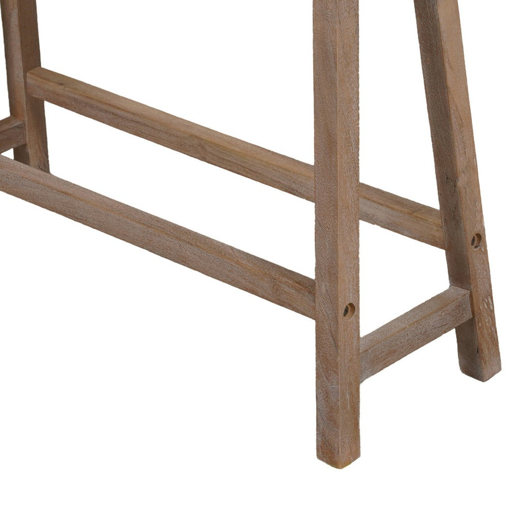 33 Inch Saddle Seat Bench with Angled Frame, Sandblasted Antique Brown Acacia Wood By The Urban Port