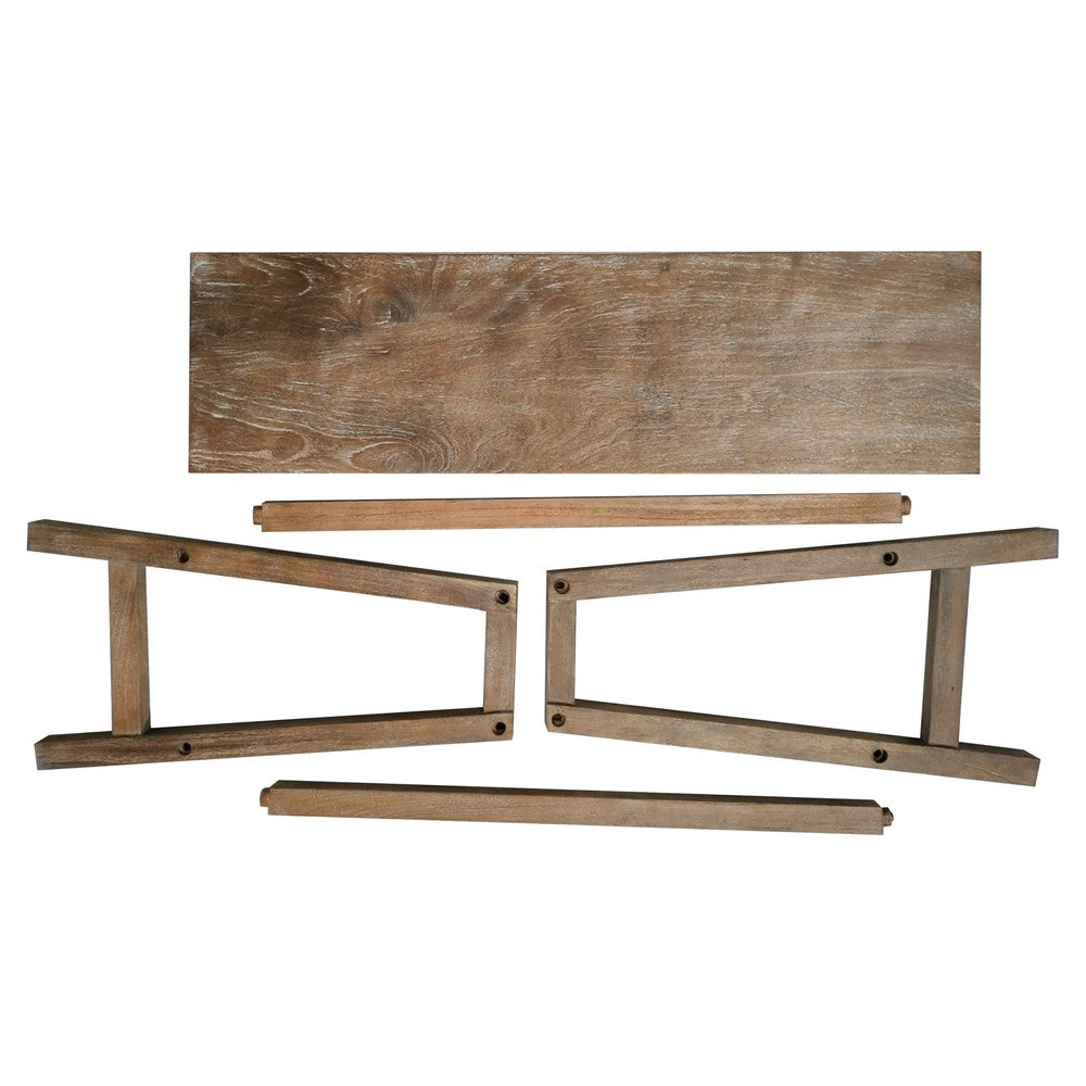 33 Inch Saddle Seat Bench with Angled Frame, Sandblasted Antique Brown Acacia Wood By The Urban Port