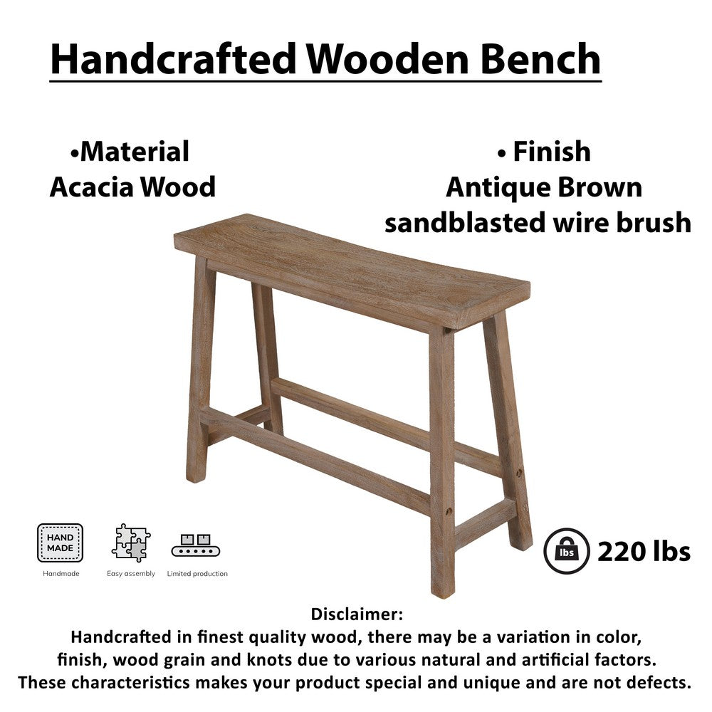 33 Inch Saddle Seat Bench with Angled Frame, Sandblasted Antique Brown Acacia Wood By The Urban Port